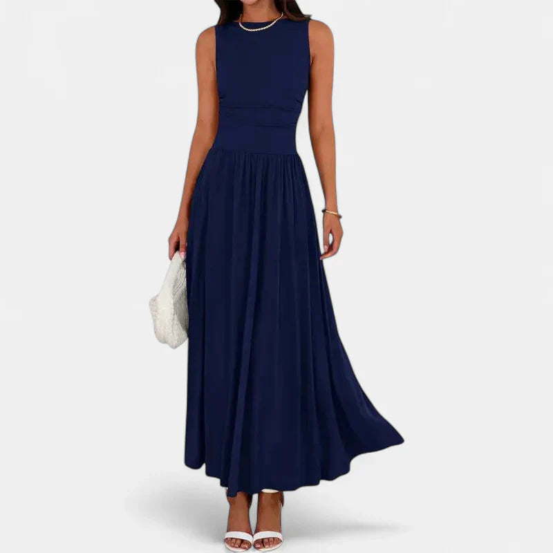 Women's Sleeveless Ruched Maxi Dress, Crew Neck Full Gathered Skirt