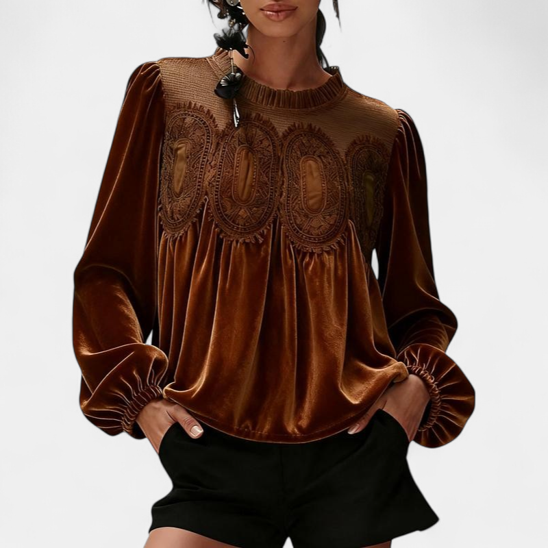 Women's Velvet Lace Long Sleeve Blouse, Balloon Cuffs Smocked Neck