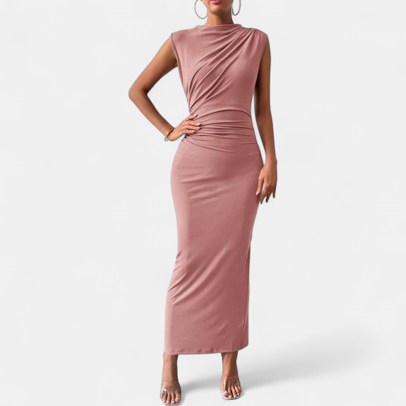 Women's Ruched Bodycon Maxi Dress, Sleeveless Mock Neck Column