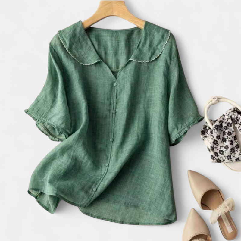 Women's Button Up Short Sleeve Blouse, Peter Pan Collar Ruffle Cuffs