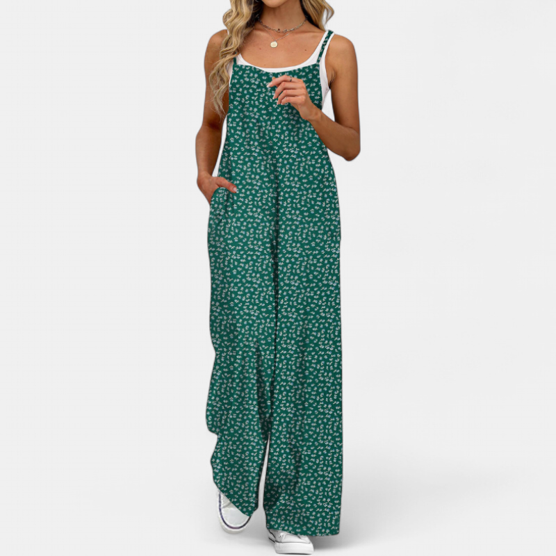 Women's Sleeveless Floral Wide Leg Jumpsuit, Strappy Side Pockets