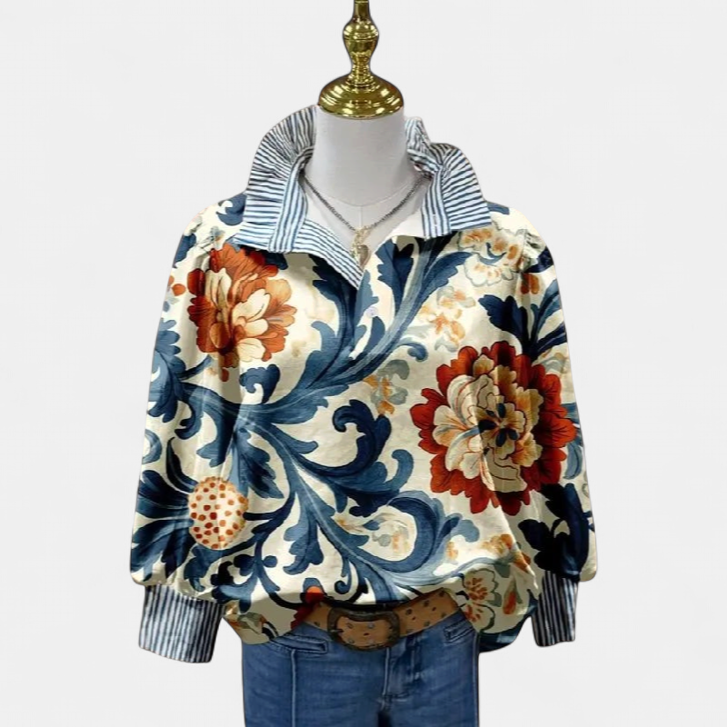 Women's Collared Floral Long Sleeve Blouse, Striped Cuffs Curved Hem