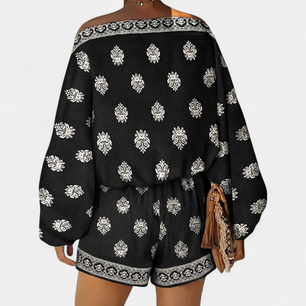 Women's Boho Matching Set, Off Shoulder Lantern Sleeve Block Print