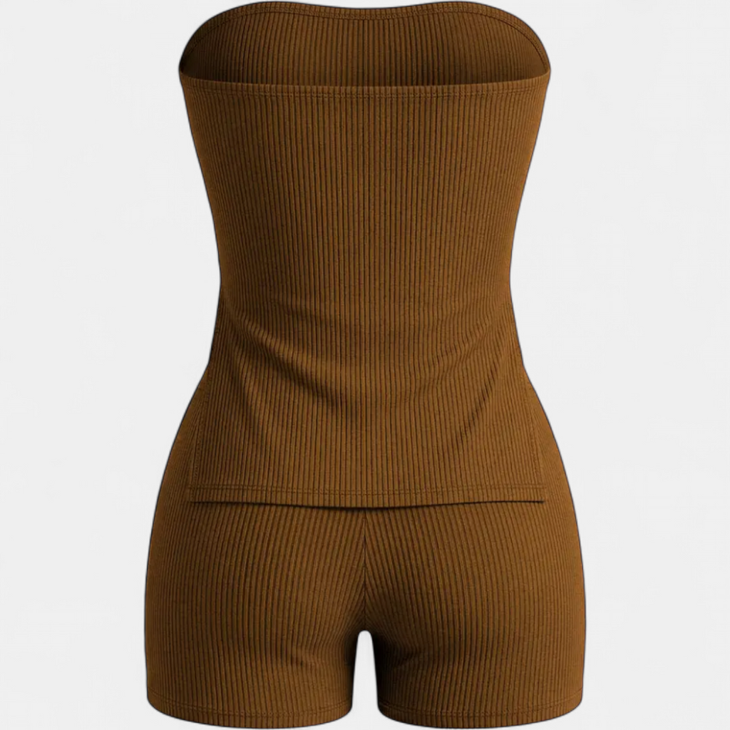 Women's Ribbed Knit Matching Set, Strapless Bodycon Side Slit