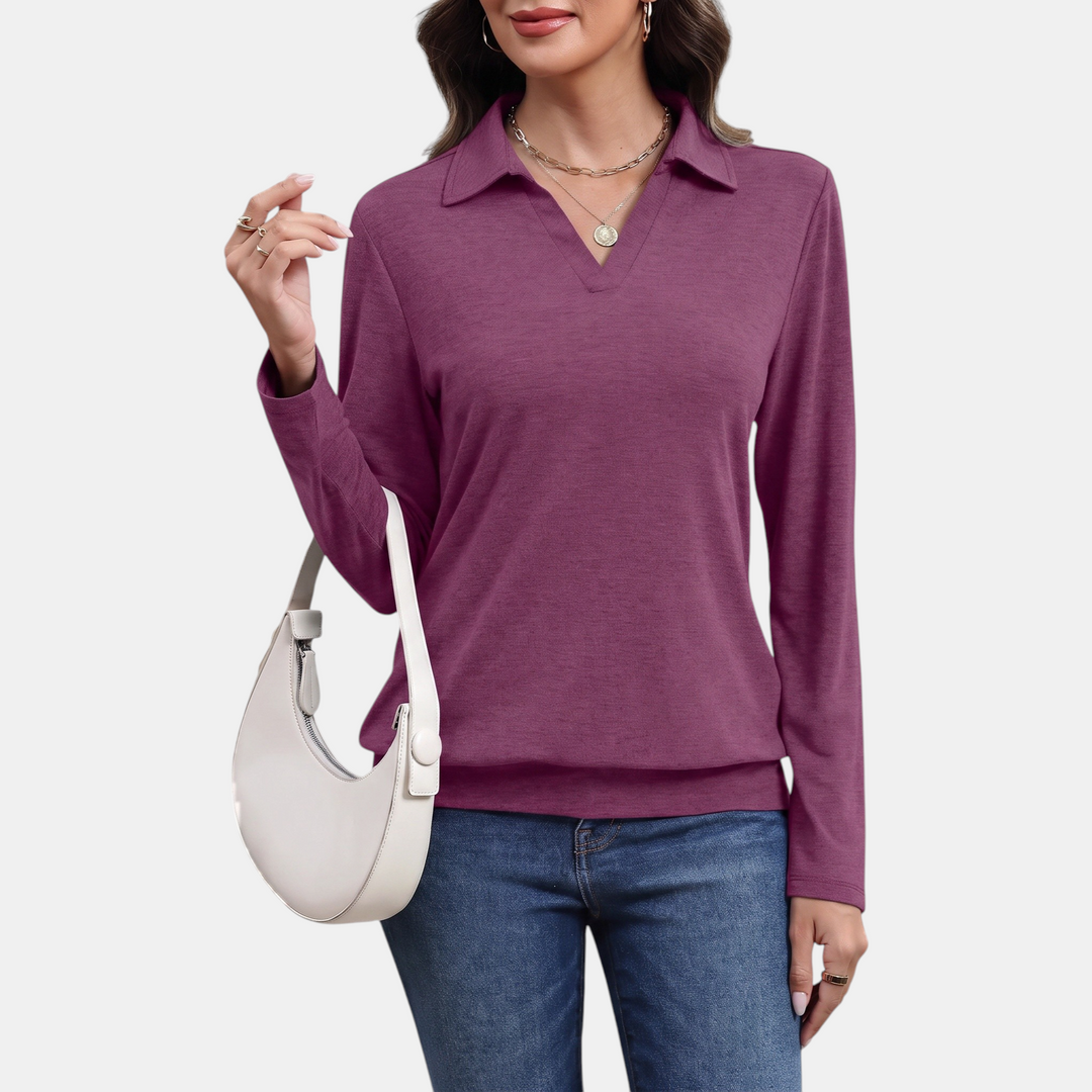 Women's Relaxed Polo Collar V-Neck Pullover Sweatshirt