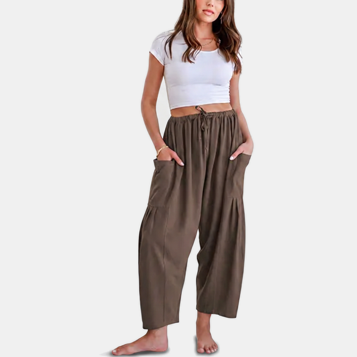 Women's Linen Pants Wide Leg Drawstring Waist Beach Palazzo Pants with Pockets