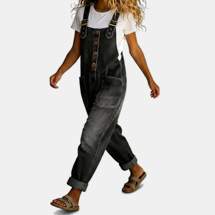 Women's Washed Wide Leg Bib Overall Denim Jumpsuit