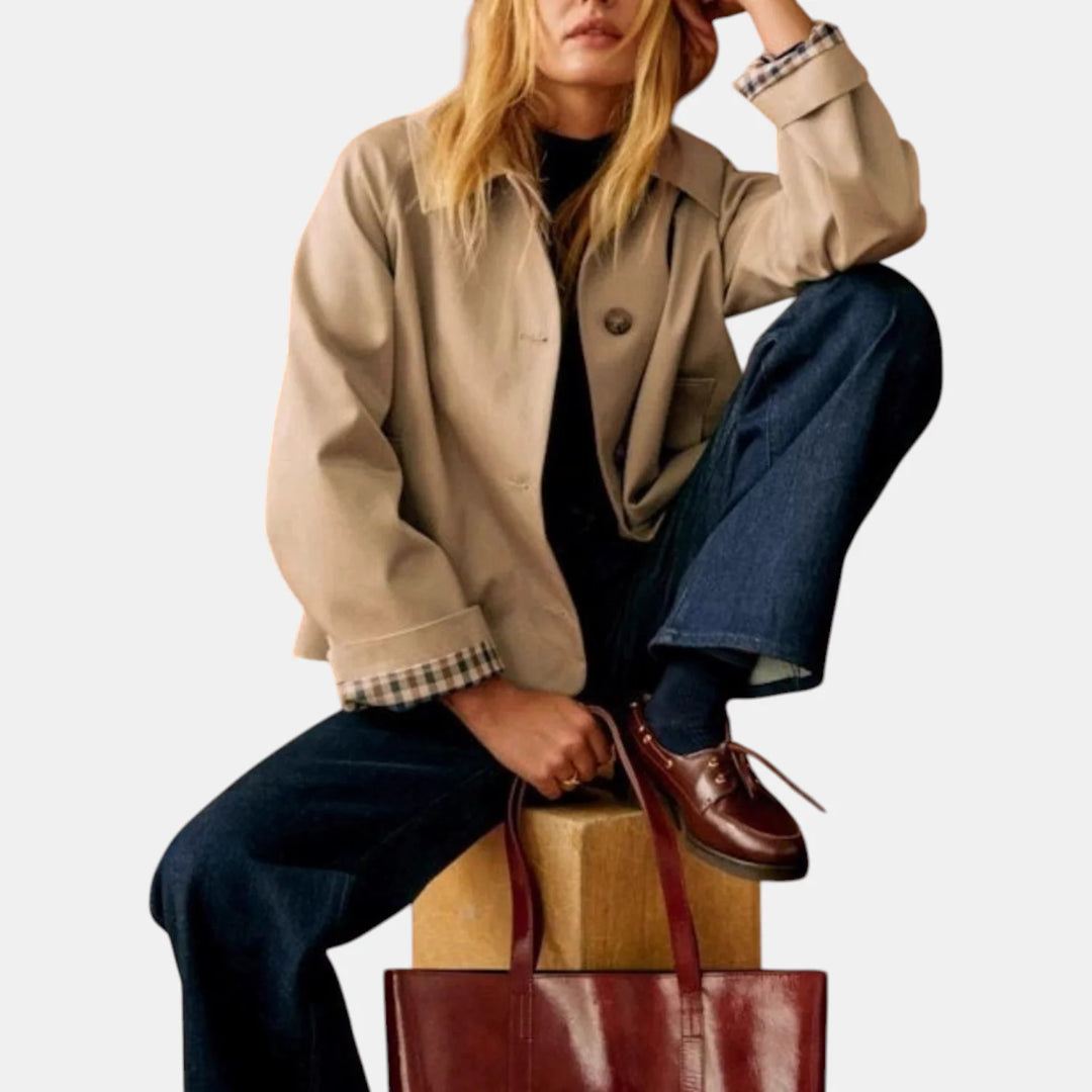 Women's Cropped Trench Coat Oversized Button Front with Checkered Lining