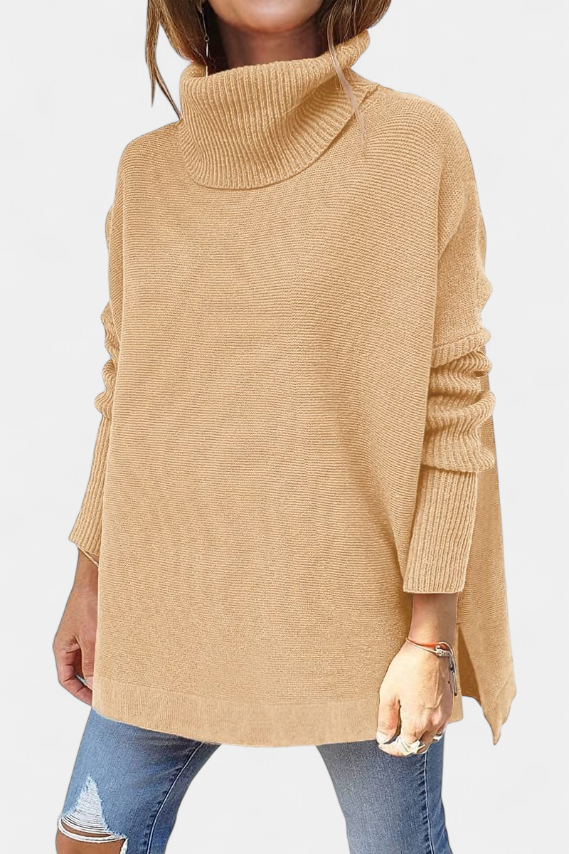 Women's Knit Turtleneck Sweater, Oversized Batwing Split Hem