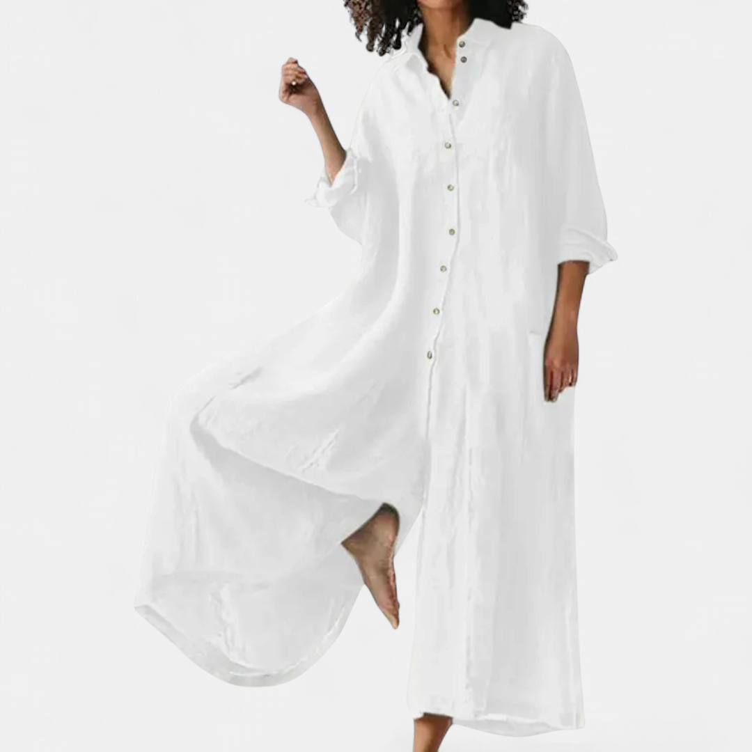 Women's Linen Wide Leg Long Sleeve Jumpsuit, Button Front Collar