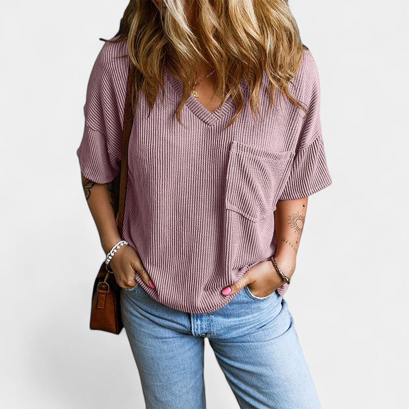 JANELLE | Casual Textured Pocket V-Neck Tee