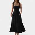 Women's Square Neck A Line Midi Dress, Sleeveless Side Pockets
