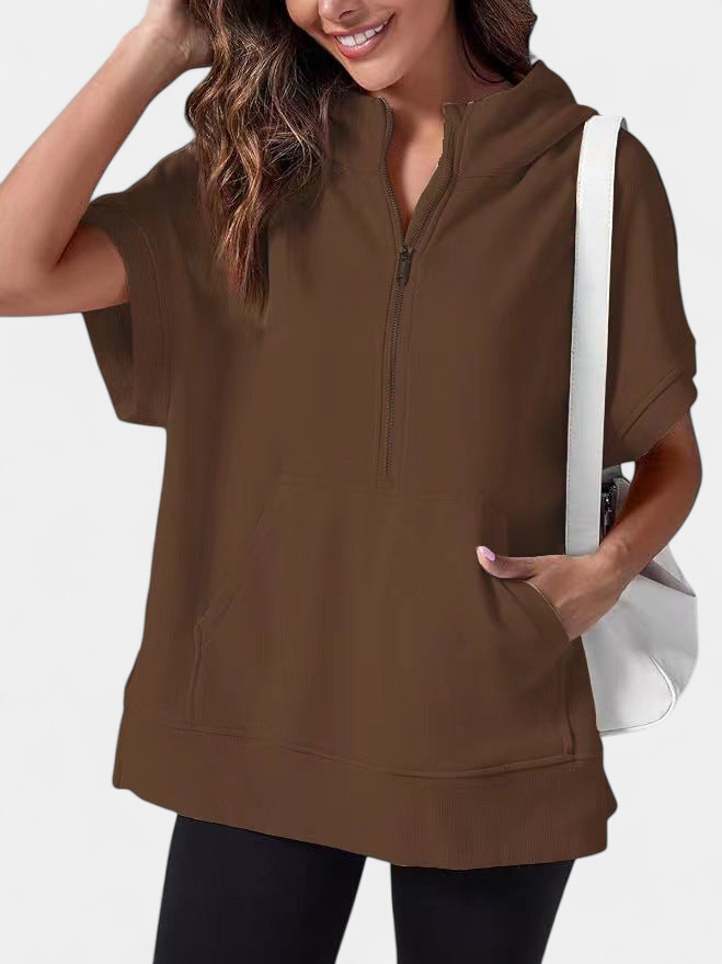 Women's Half Zip Short Sleeve Oversized Hoodie, Kangaroo Pocket