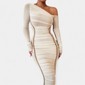 Women's Ruched Bodycon Midi Dress, One Shoulder Long Sleeves