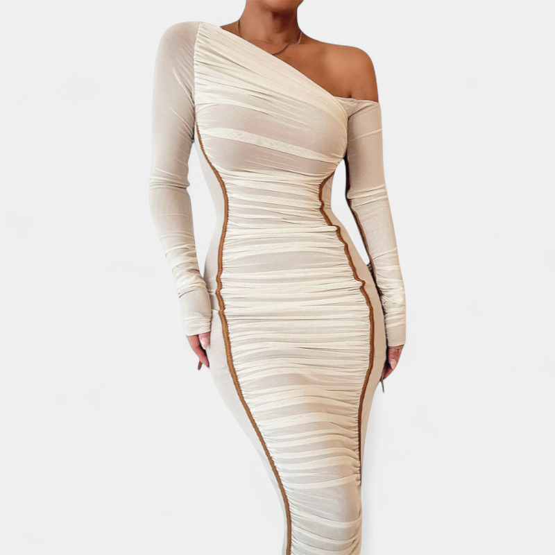 Women's Ruched Bodycon Midi Dress, One Shoulder Long Sleeves