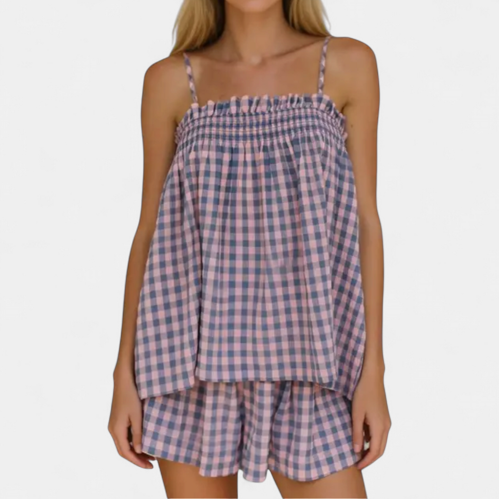 Women's Cami Lounge Pajama Set, Gingham Smocked Bodice Shorts