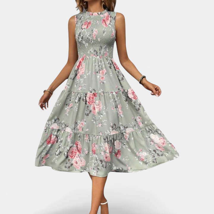 ELOWEN | Boho Floral Ruched Midi Dress