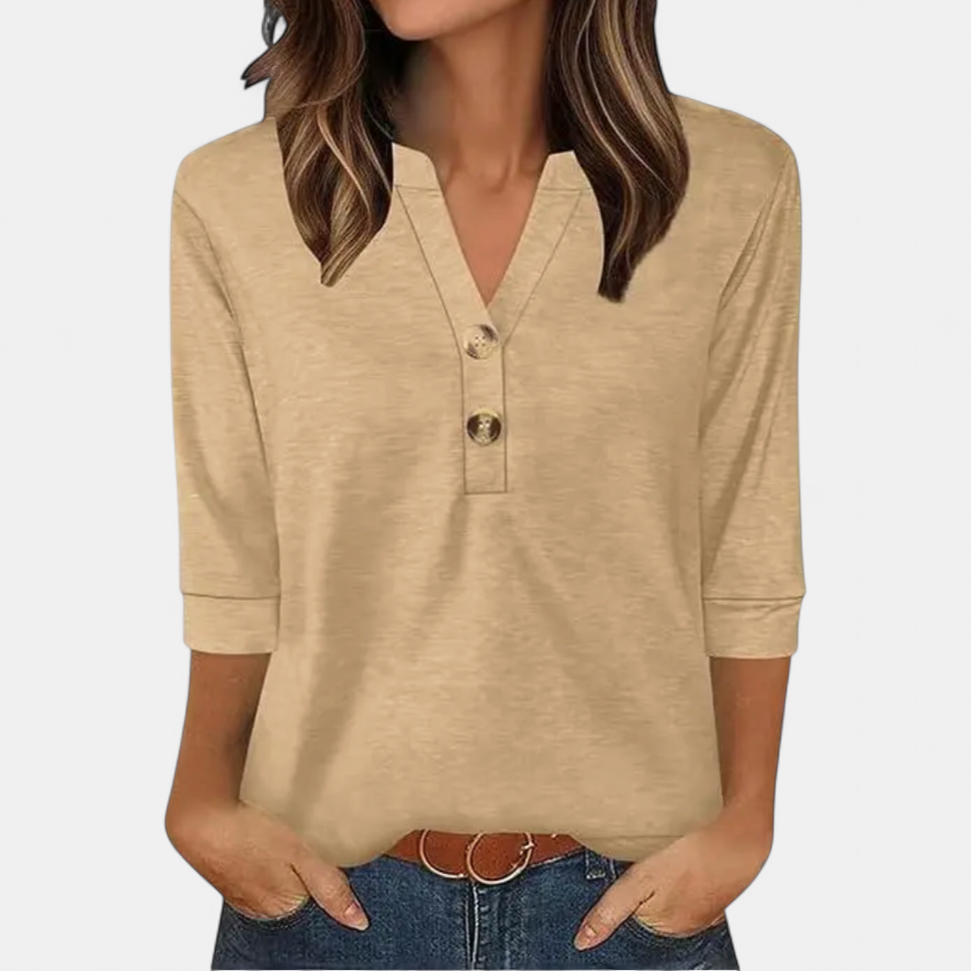 Women's Loose V Neck Blouse, Button Placket Cuffed Sleeves