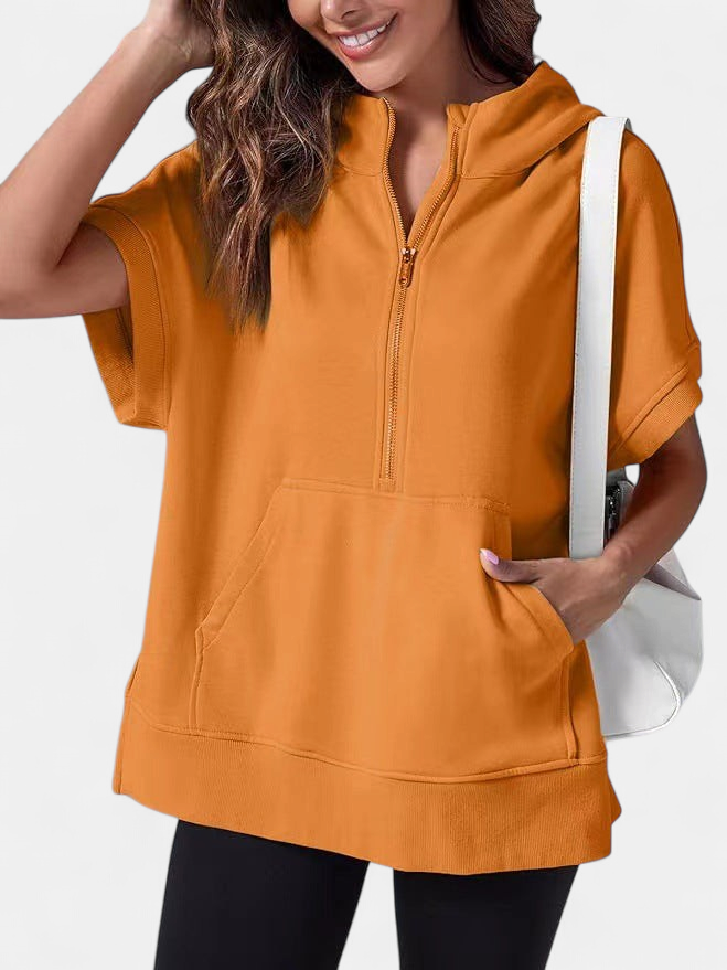 Women's Half Zip Short Sleeve Oversized Hoodie, Kangaroo Pocket