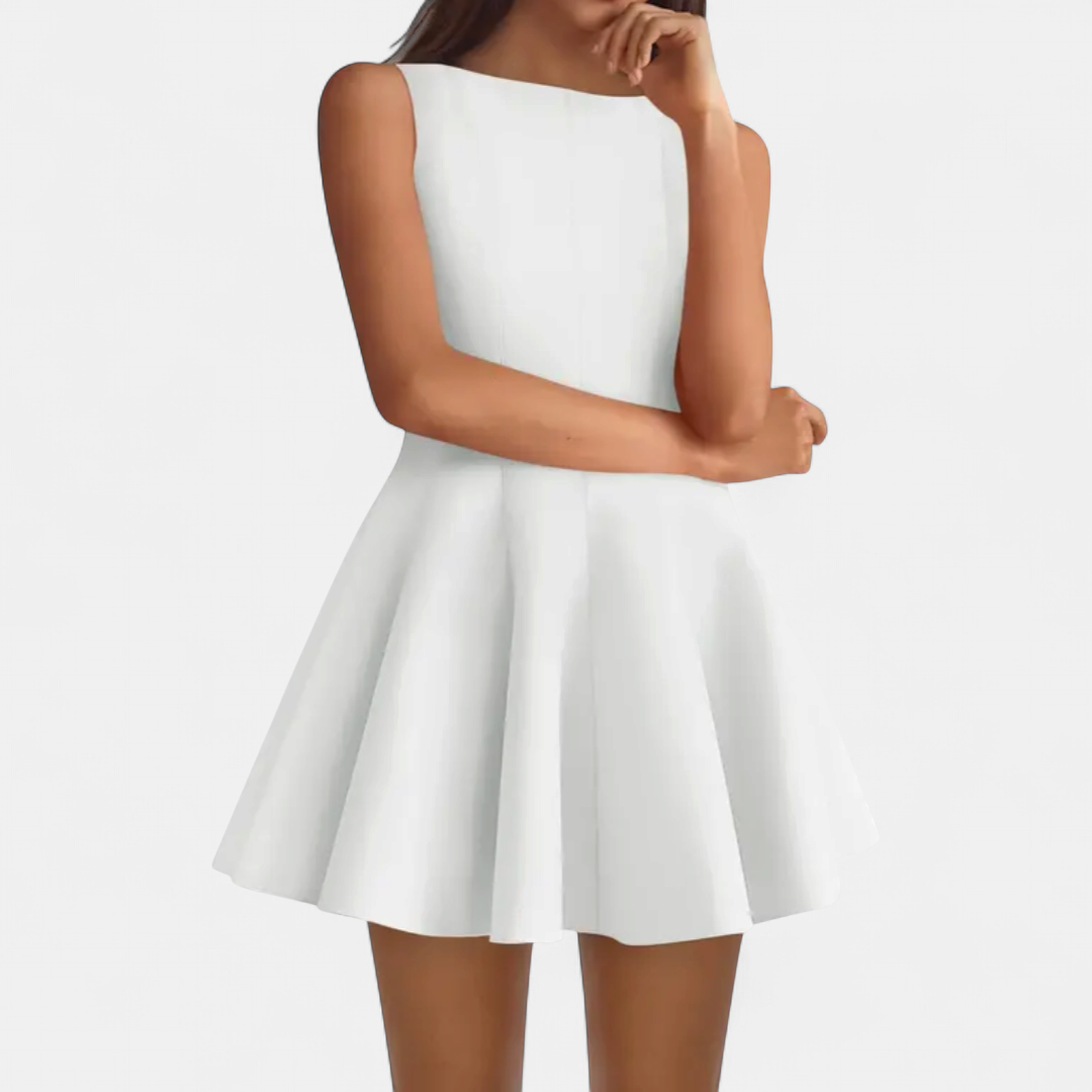 Women's Pleated A Line Mini Dress, Sleeveless Boat Neck Fitted