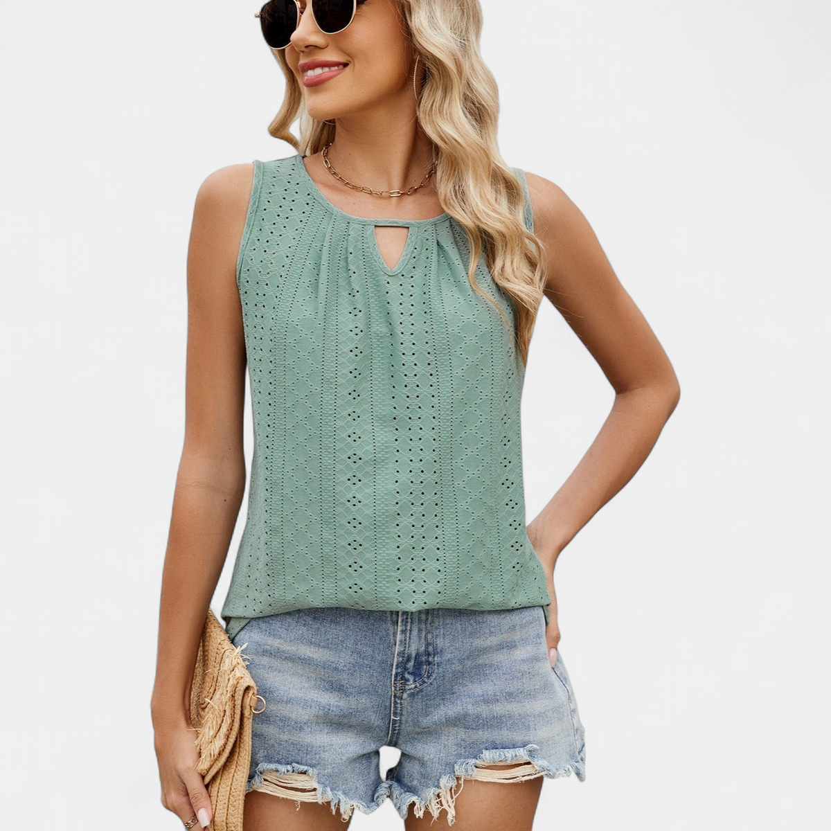 Women's Pleated Eyelet Sleeveless Blouse, Keyhole Round Neck Boxy