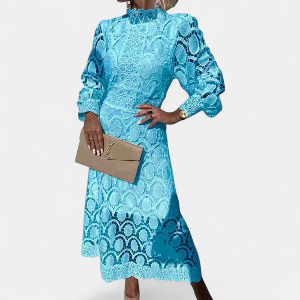 Women's Lace Long Sleeve Midi Dress, Mock Neck Scalloped Hem