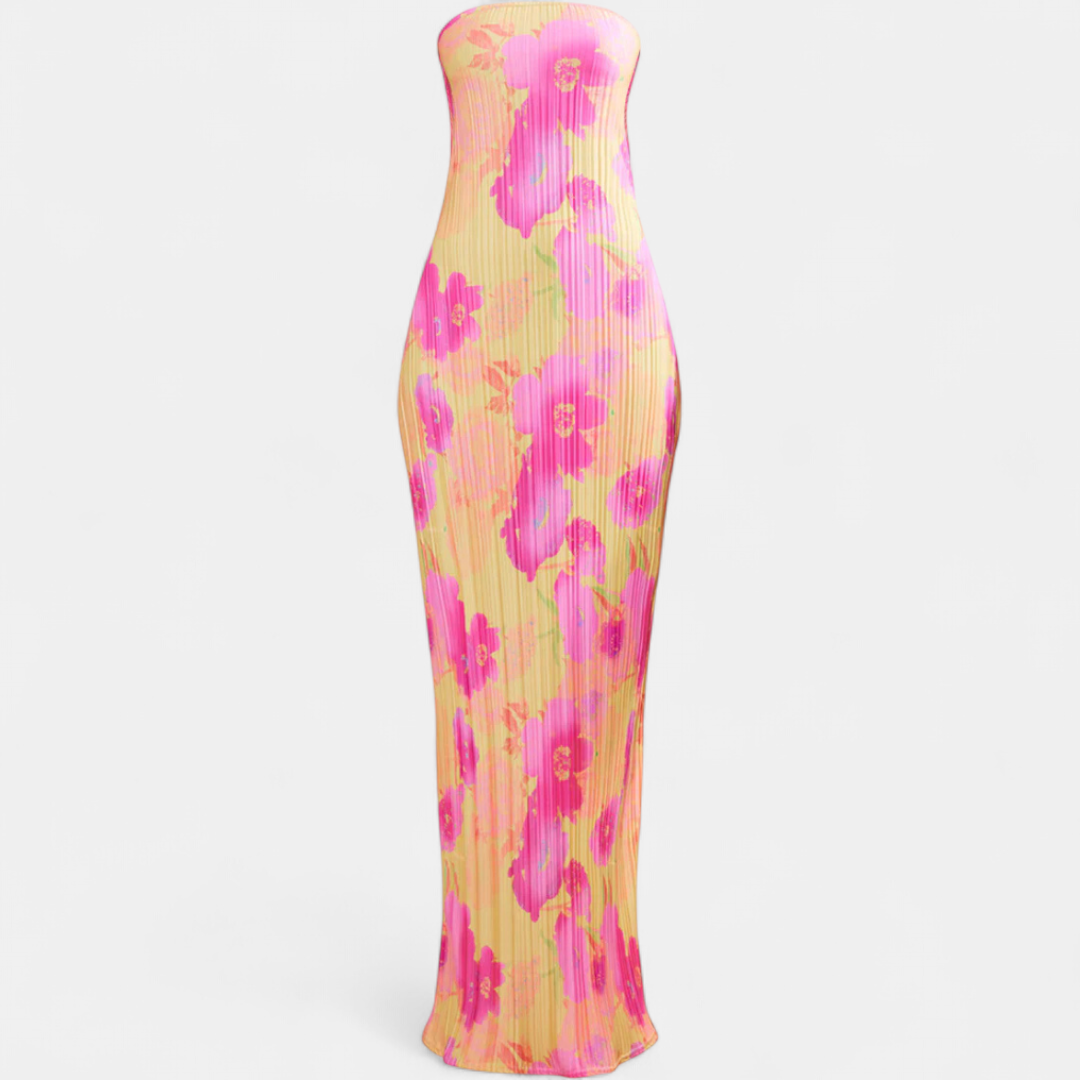 Women's Backless Floral Maxi Dress, Strapless Pleated Tie Back