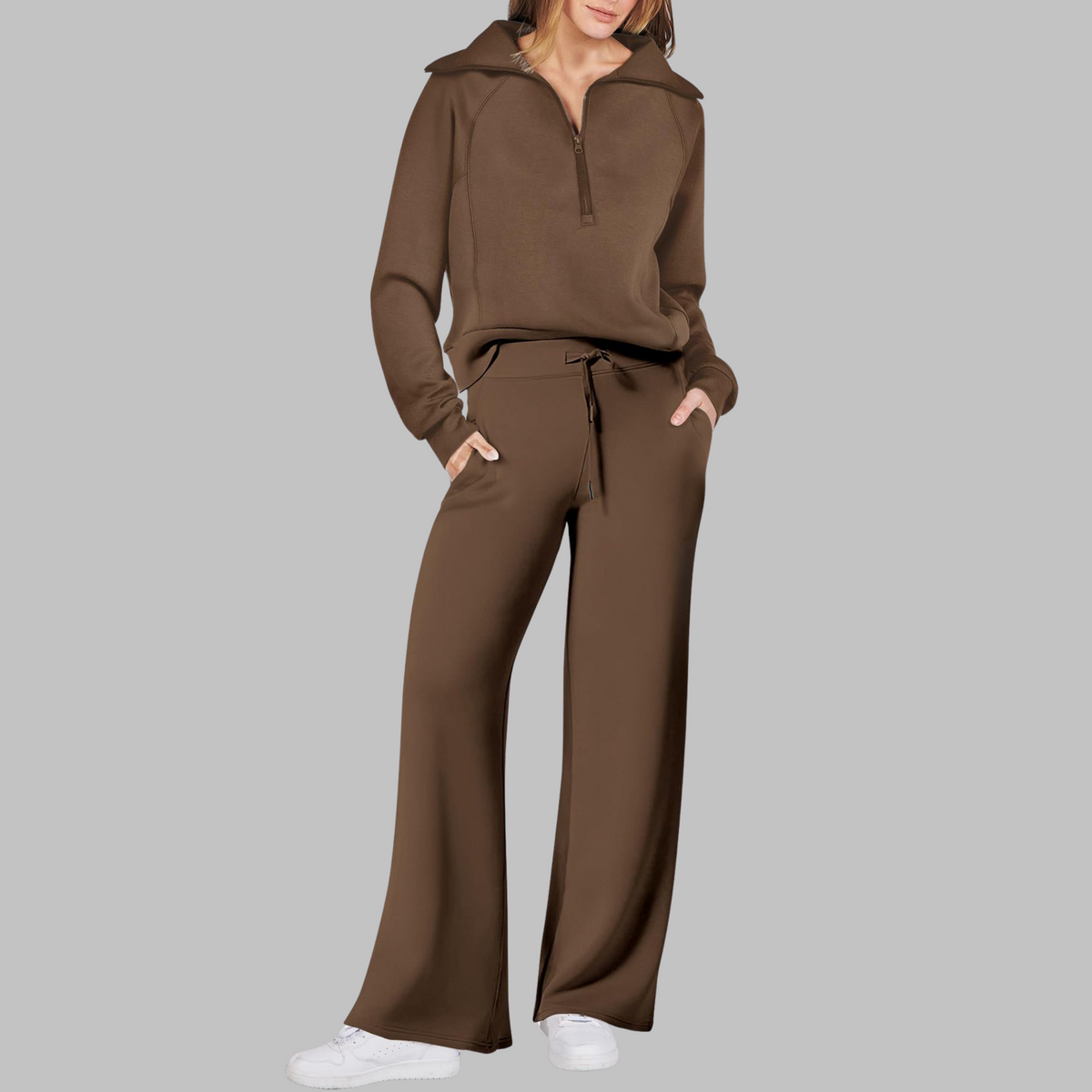 Women's Matching Two Piece Lounge Set, Half Zip Collar Wide Leg