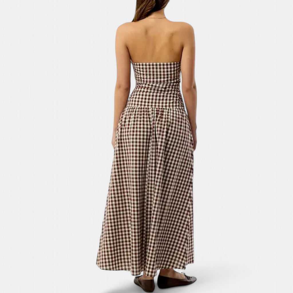 Women's Strapless Gingham Maxi Dress, Ruched Full Skirt Pockets