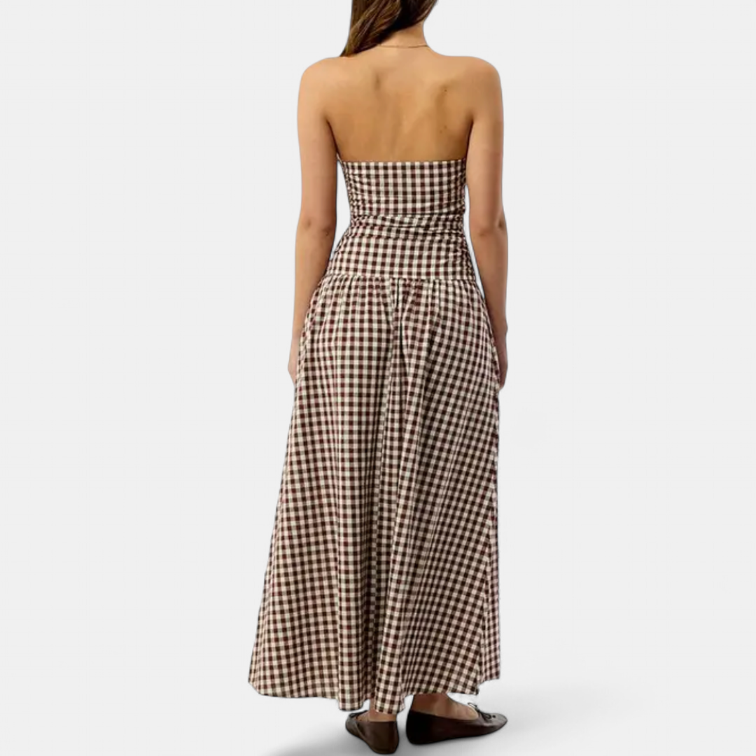 Women's Strapless Gingham Maxi Dress, Ruched Full Skirt Pockets