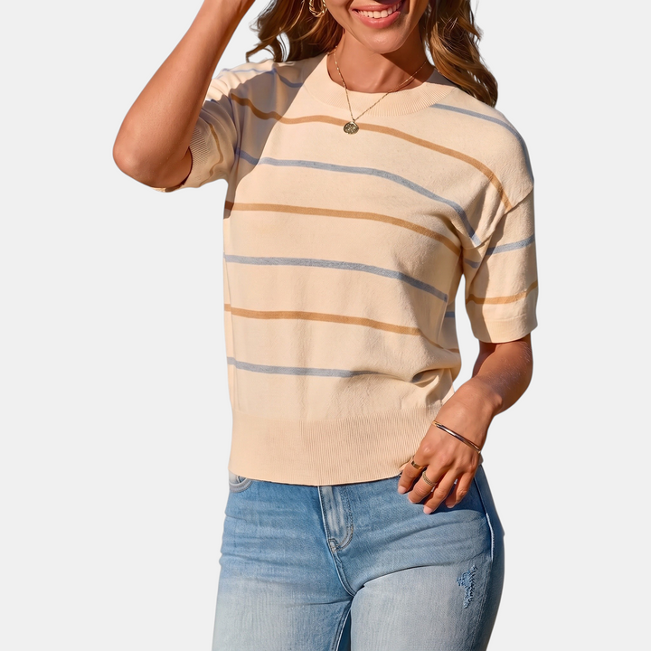 Women's Striped Knit Oversized Sweater with Ribbed Cuffs