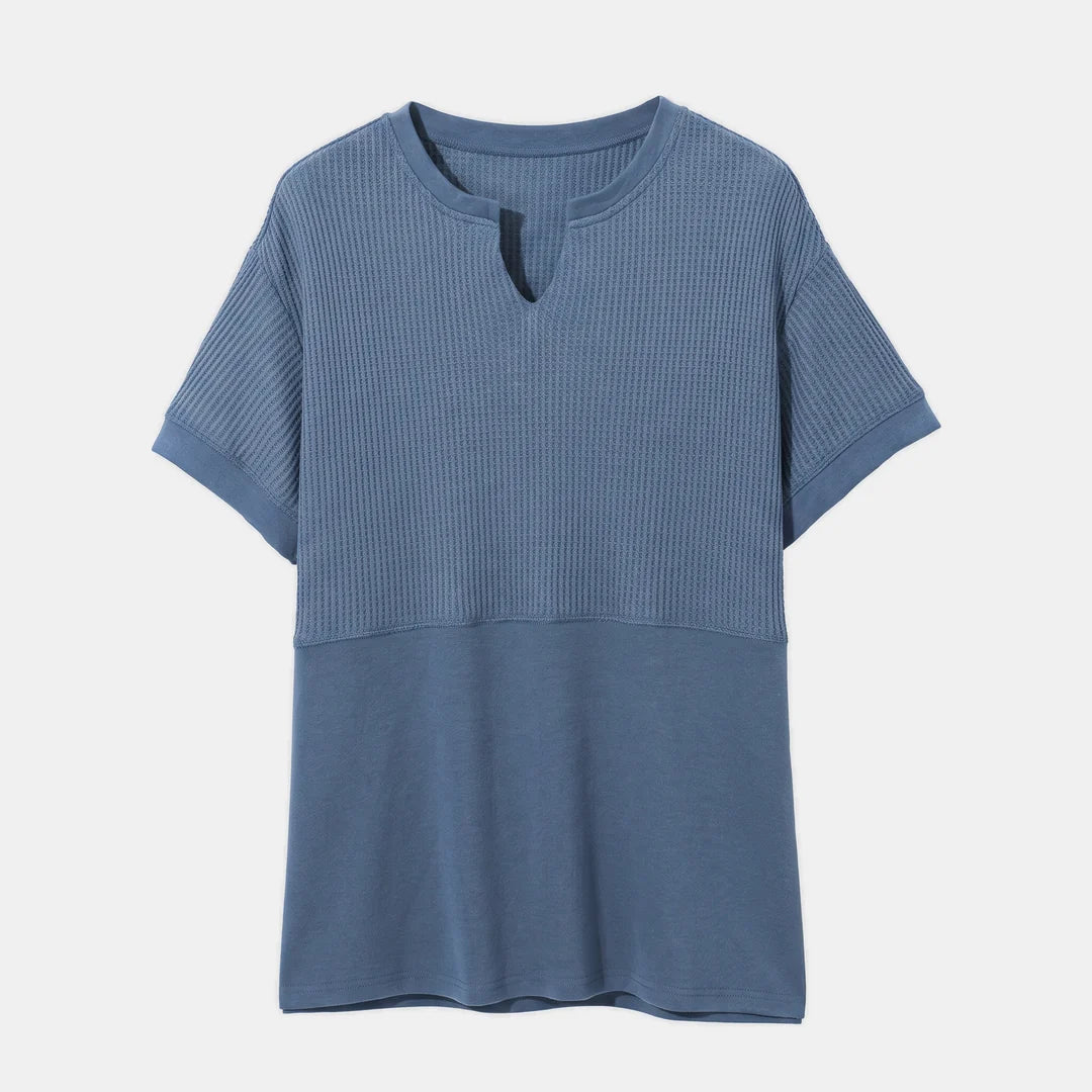CORINNE™ – V-Neck Patchwork Waist-Cinch Shirt