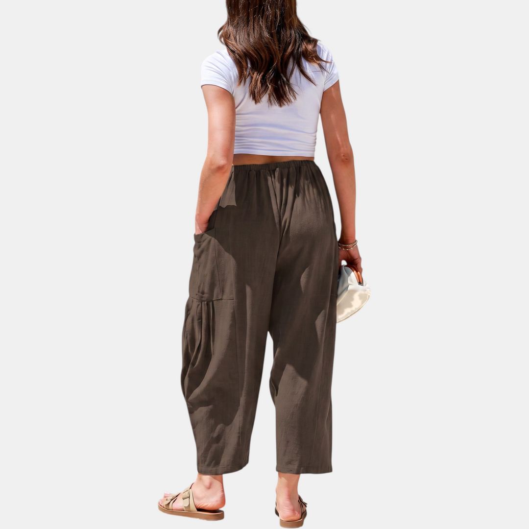 Women's Linen Pants Wide Leg Drawstring Waist Beach Palazzo Pants with Pockets