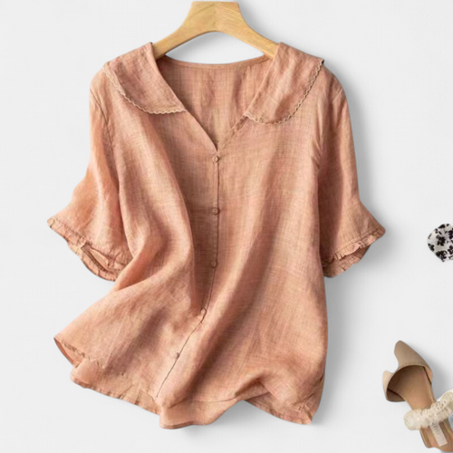 Women's Button Up Short Sleeve Blouse, Peter Pan Collar Ruffle Cuffs
