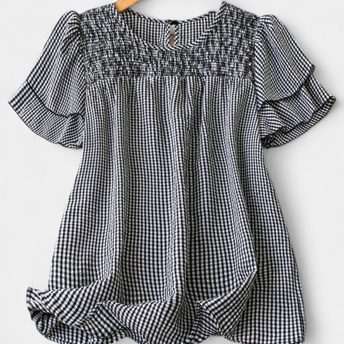 Women's Babydoll Gingham Puff Sleeve Blouse, Smocked Yoke Keyhole