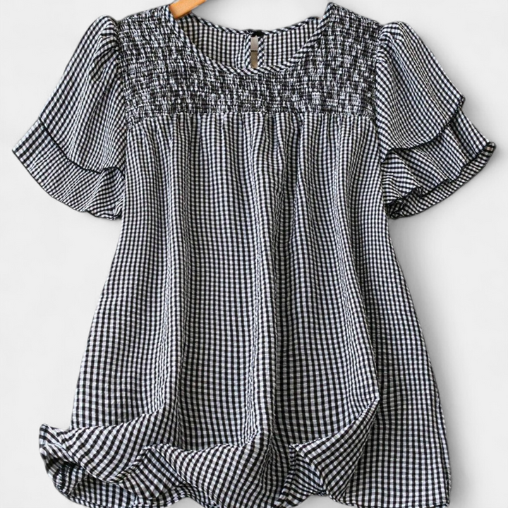 KRISTEL | Vintage Flowy Checkered Puff Sleeve Blouse