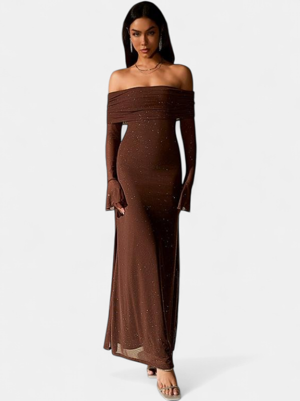 Women's Long Sleeve Bodycon Maxi Dress, Off The Shoulder Side Slit