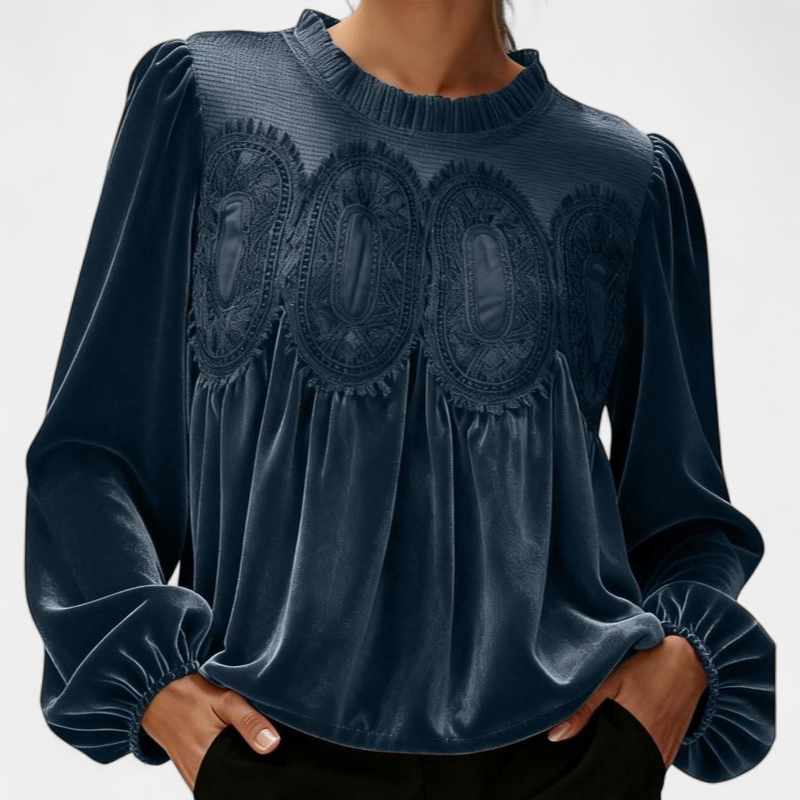 Women's Velvet Lace Long Sleeve Blouse, Balloon Cuffs Smocked Neck