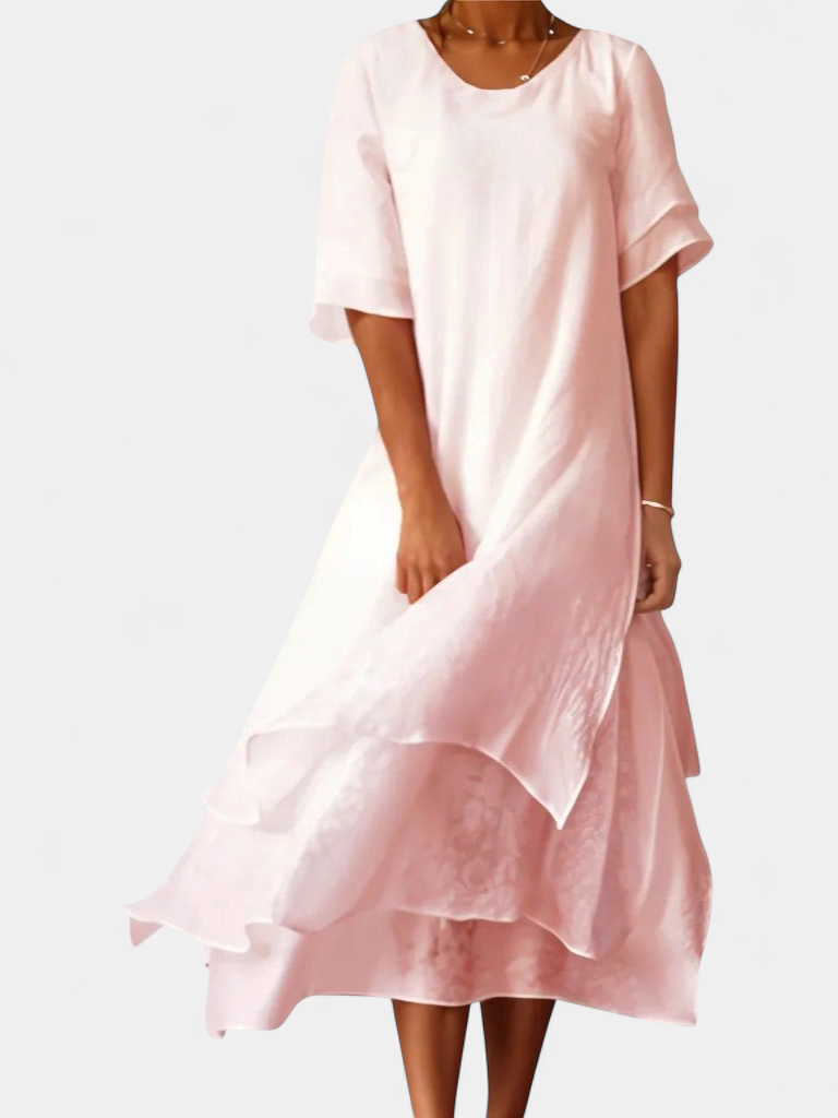 Women's Layered Short Sleeve Midi Dress, Round Neck Asymmetric Hem