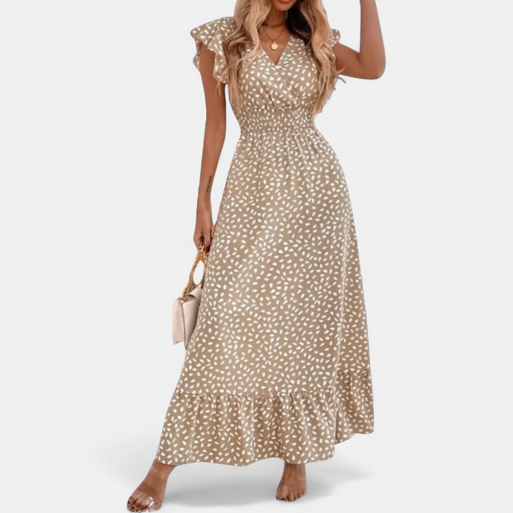 Women's Printed Ruffle Maxi Dress, Surplice V Neck Flutter Sleeves