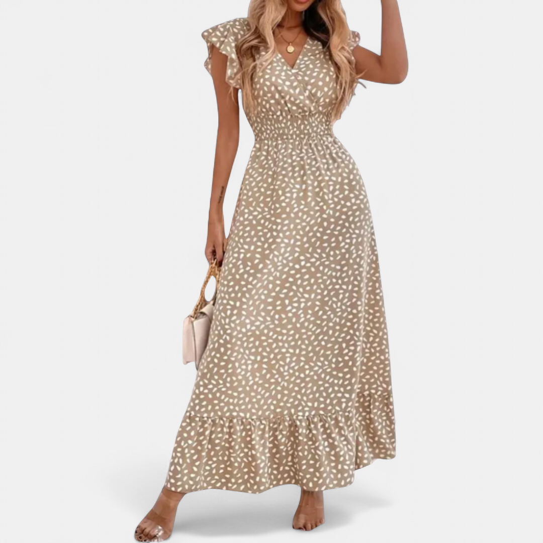 Women's Printed Ruffle Maxi Dress, Surplice V Neck Flutter Sleeves