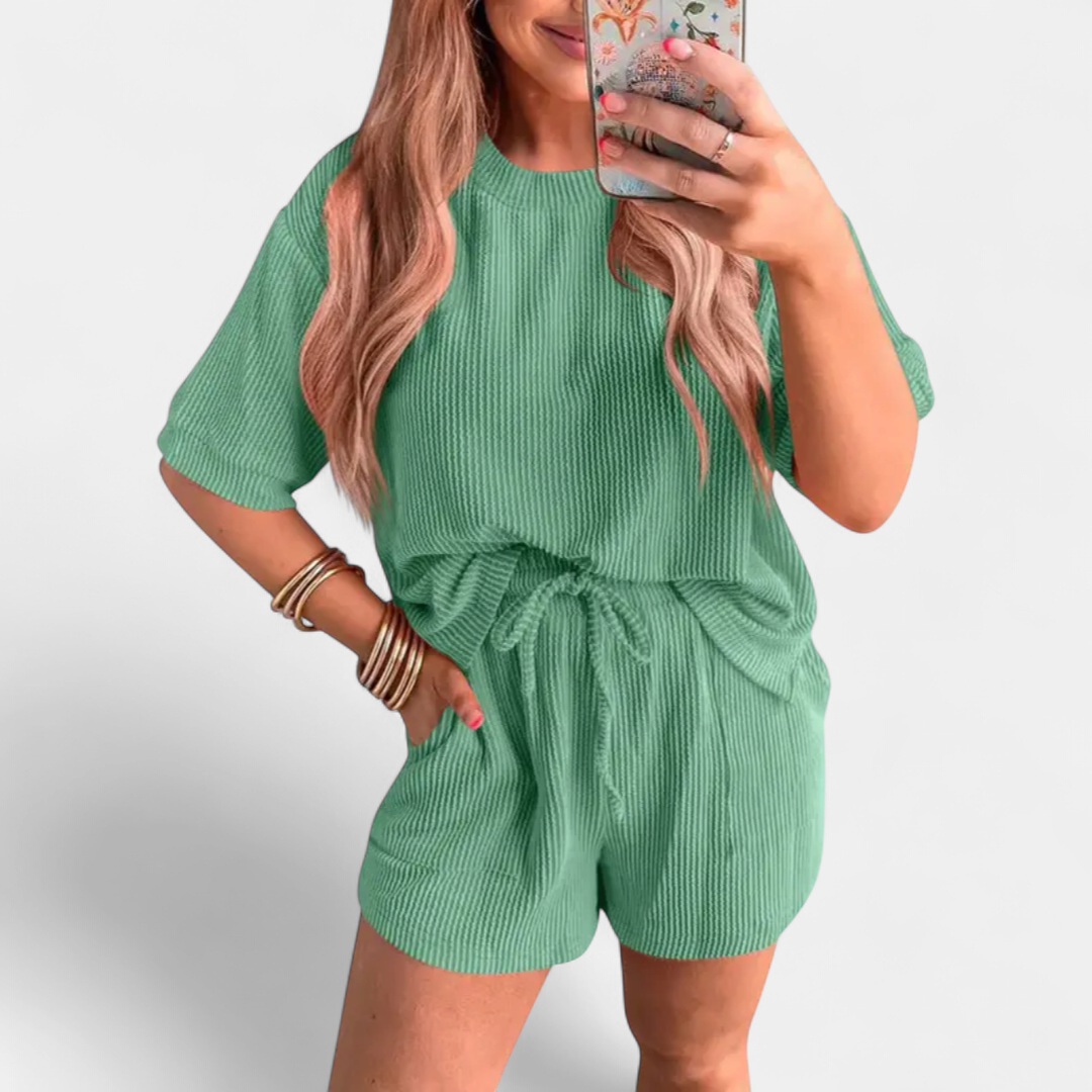 Women's Knit Lounge Set, Short Sleeve Crinkle Rib Shorts