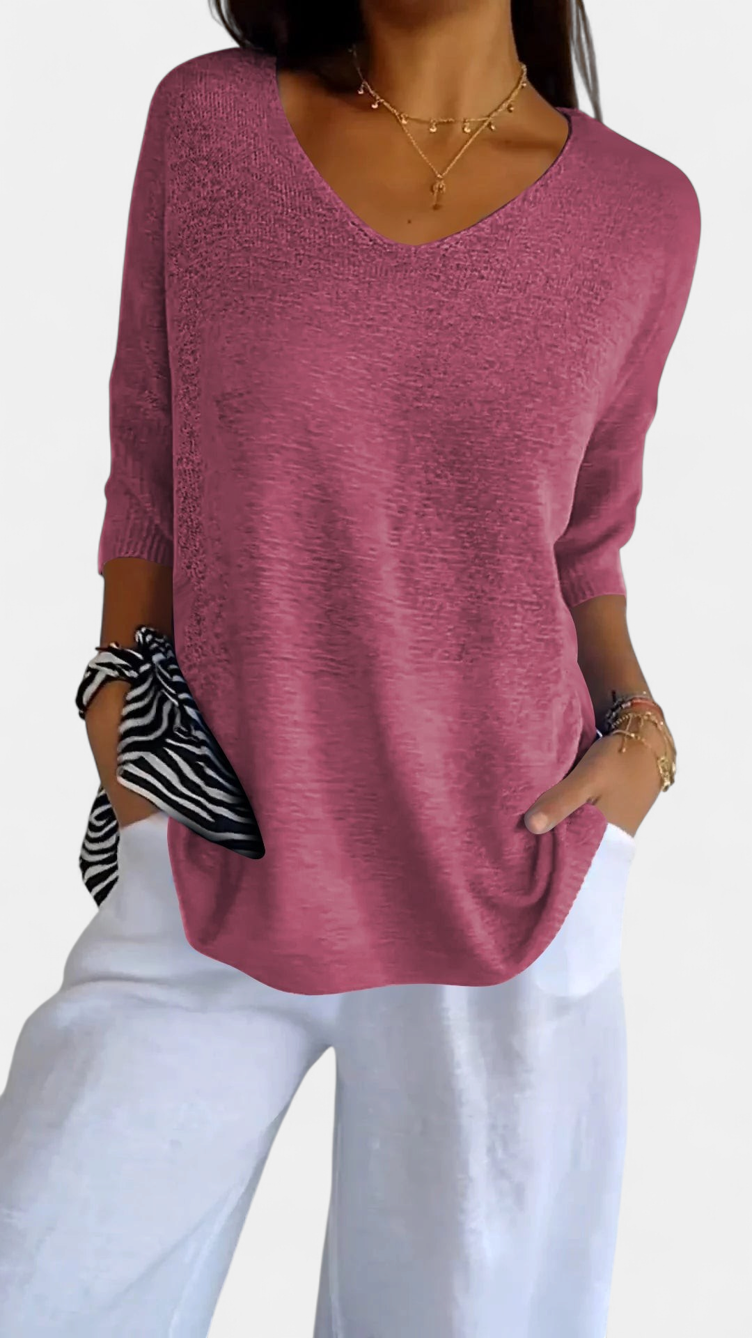 Women's Loose V Neck Blouse, Fine Knit Dolman Sleeves Ribbed Cuffs