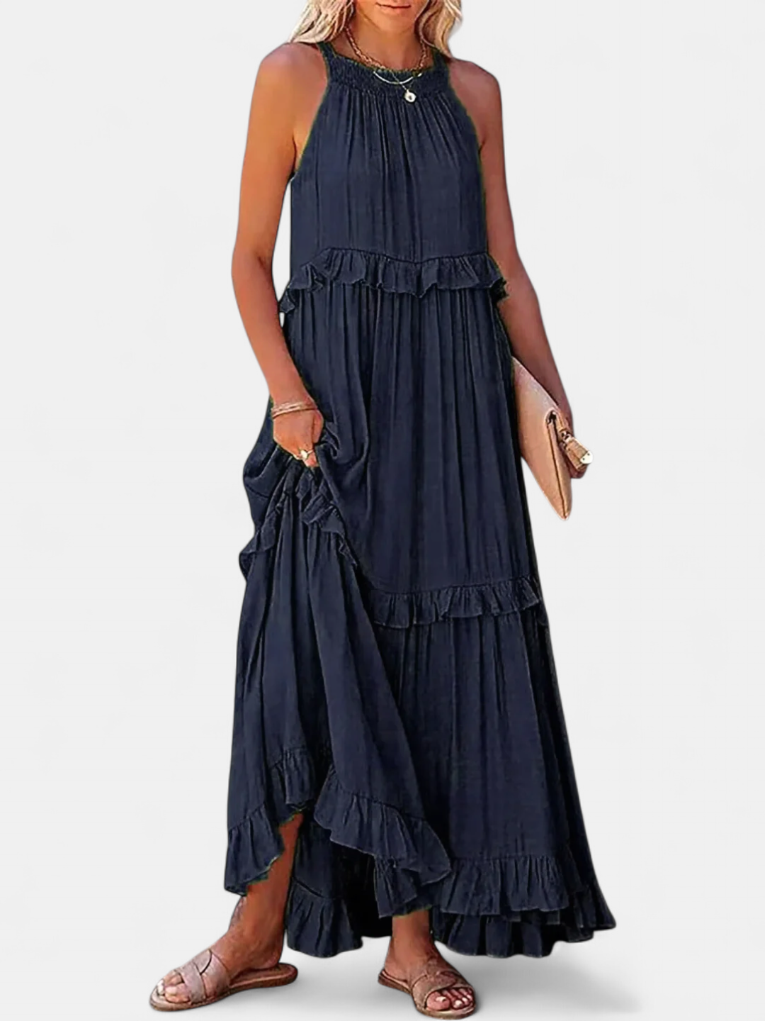 Women's Ruffle Halter Maxi Dress, Tiered Skirt Keyhole Tie Back