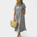 Women's Striped Shirt Midi Dress, Collared Short Sleeves Pockets