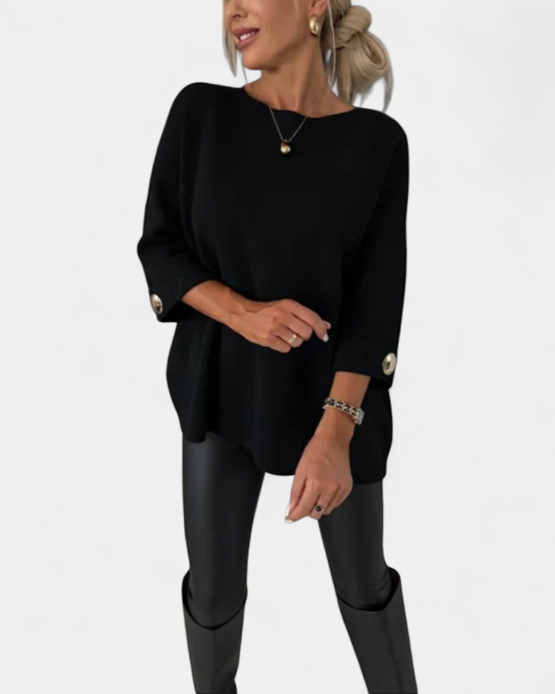 Women's Boat Neck Oversized Sweater, Button Cuffs Side Split Hem
