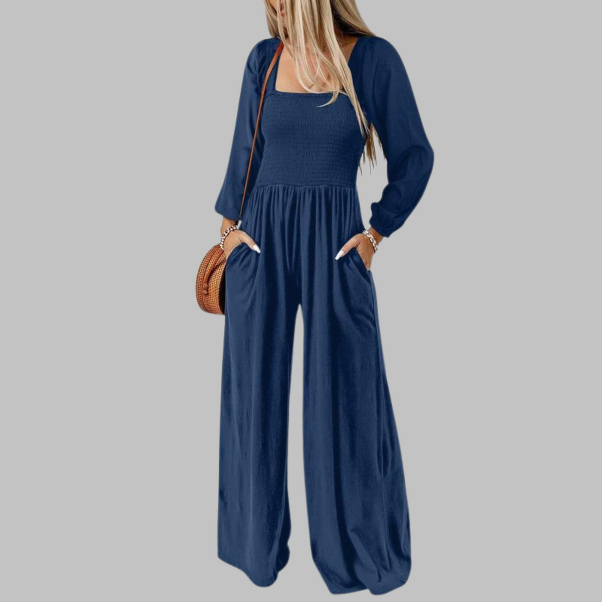 Women's Wide Leg Long Sleeve Jumpsuit, Smocked Square Neck Pockets