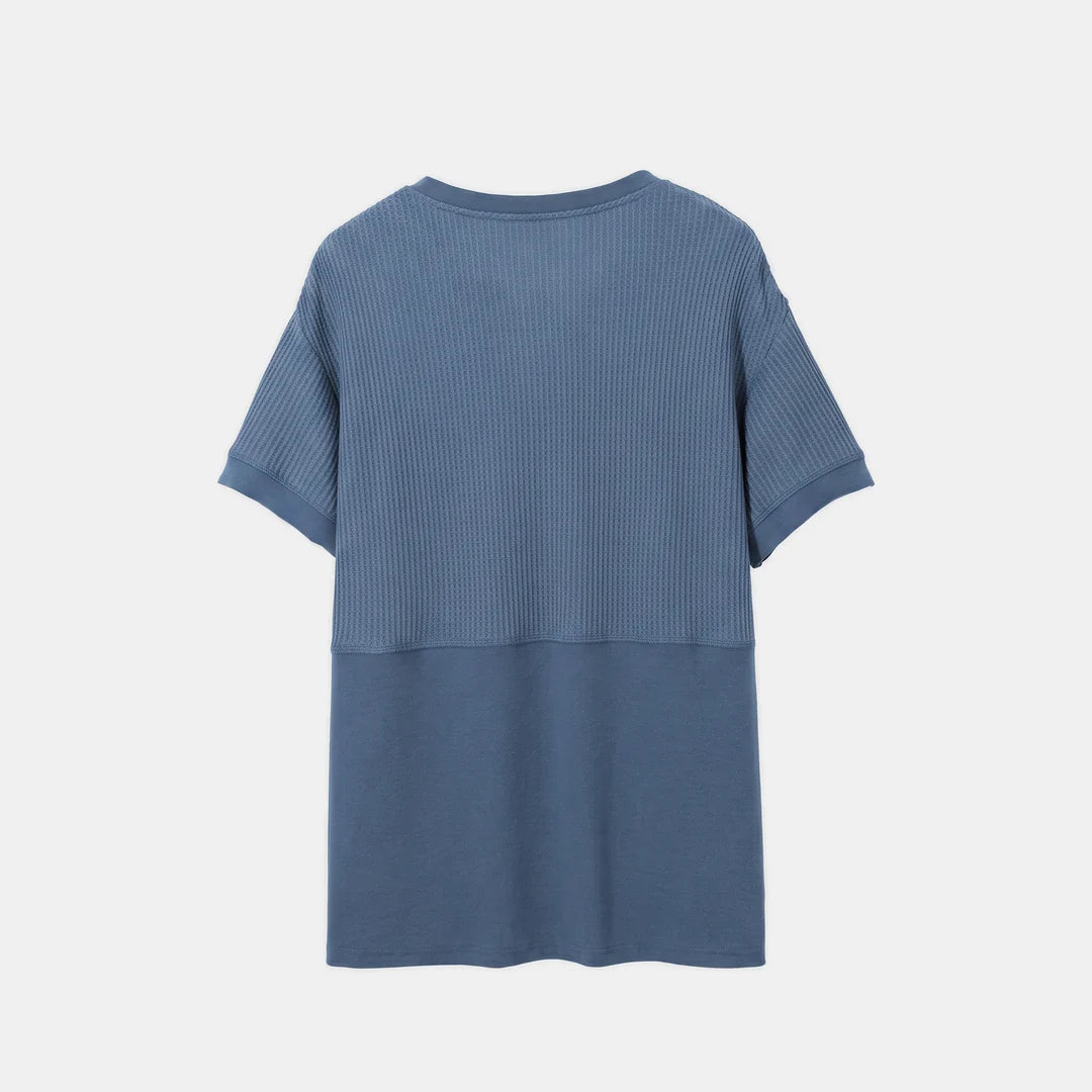 CORINNE™ – V-Neck Patchwork Waist-Cinch Shirt