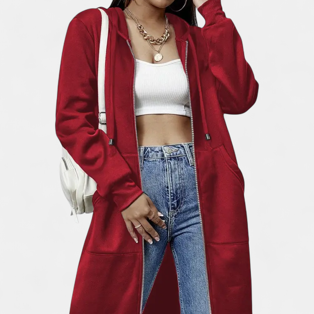 Women's Long Oversized Zip Up Hoodie, Drawstring Hood Pockets