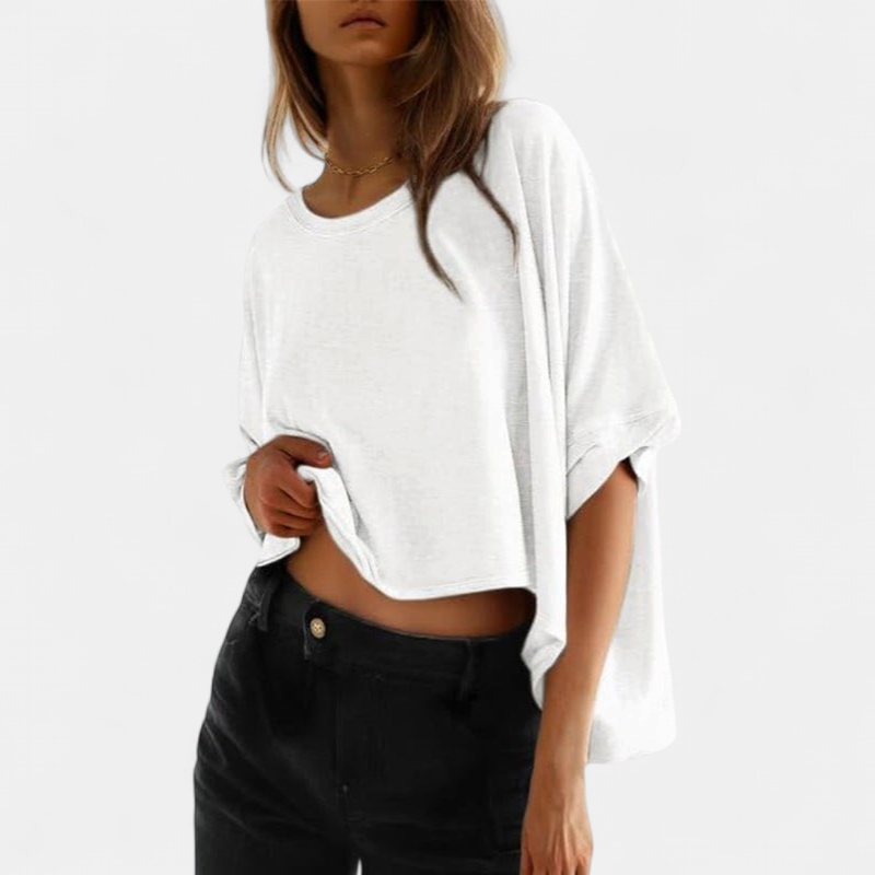 Women's Cropped Boxy Oversized T Shirt, Crew Neck Batwing Sleeves